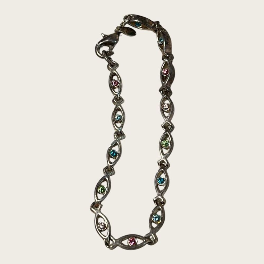Premier Designs Multicolor Rhinestone Silver Tone Link Bracelet 7.5”